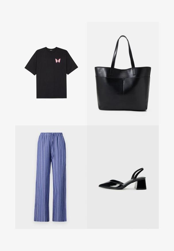 Črna bombažna majica s kratkimi rokavi, ki ima majhen roza metuljček na levi strani prsnega dela. Majica s krožnim ovratnikom in sproščenim krojem.; Modre in bele proste široke hlače z elastiko v pasu, narejene iz lahkega materiala, z udobnim krojem in gladko teksturo.; Črne lakirane slingback pete s koničastim nosom in geometrijsko blokasto peto. Imajo eleganten, minimalističen dizajn in gladko teksturo.; Črna usnjena torba z dvema dolgima ročajema, gladko teksturo in strukturirano obliko. Ima sprednji žep za dodatno shranjevanje.