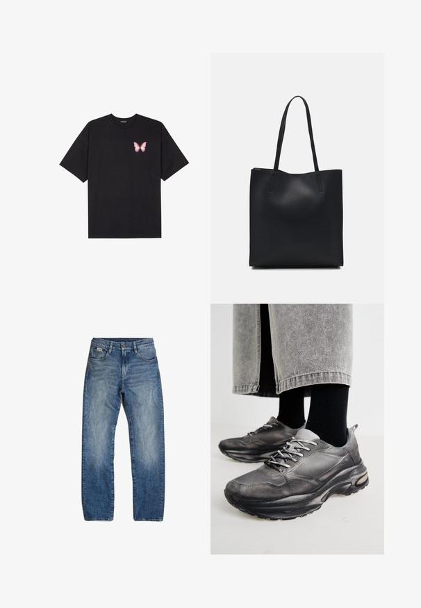 T-shirt de algodão preto com mangas curtas, apresentando um pequeno gráfico de borboleta rosa no lado esquerdo do peito. Design de gola redonda com um corte solto.; Calças de ganga azul com corte reto, desbotamento leve e vincos subtis. Apresenta cinco bolsos e fecho de botão.; Sapatilhas atléticas pretas e cinzentas apresentam um upper em malha, solas espessas e atacadores. Têm um bico arredondado e detalhes de amortecimento visíveis.; Bolsa tote preta em couro com textura lisa, forma retangular e duas alças longas. Sem hardware ou enfeites visíveis.