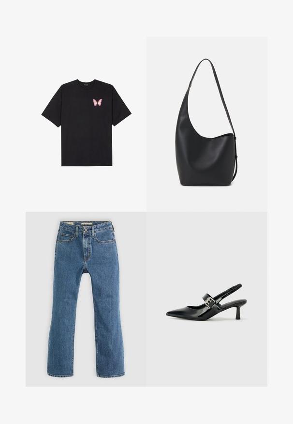 Black cotton t-shirt with short sleeves, featuring a small pink butterfly graphic on the left chest. Crew neck design with a relaxed fit.; Blue denim jeans with a straight leg design. Features five pockets, a standard button and zip closure, and visible stitching accents.; Black patent leather slingback heels with a pointed toe and a small block heel, featuring a silver buckle accent on the strap.; Black leather hobo bag with a smooth texture, curved shape, and single adjustable strap; features a wide opening at the top.