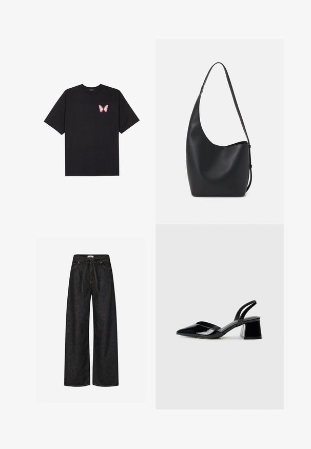 Czarny bawełniany t-shirt z krótkim rękawem, z małym różowym motylkiem na lewej piersi. Klasyczny dekolt z luźnym fasonem.; Ciemne dżinsy o szerokich nogawkach z wysokim stanem, paskiem do wiązania i kontrastującym pomarańczowym przeszyciem. Posiadają klasyczny, pięciokieszeniowy fason.; Czarne lakierowane półbuty na obcasie z wydłużonym noskiem i geometrycznym słupkiem. Charakteryzują się eleganckim, minimalistycznym designem oraz gładką fakturą.; Czarna skórzana torba hobo o gładkiej fakturze, zaokrąglonym kształcie i pojedynczym, regulowanym pasku; posiada szerokie otwarcie na górze.