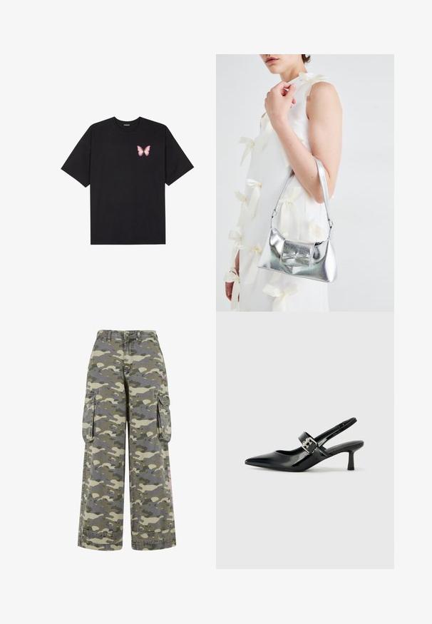 Svart bomulls T-skjorte med korte ermer, med en liten rosa sommerfugl grafikk på venstre bryst. Crew-neck design med en avslappet passform.; Cargo bukser i et grønt og beige camouflage mønster, med en løs pasform, to sidelommer og et pink akcent på benet.; Svarte patent lær slingback hæler med spiss tå og en liten blokkheel, med en sølvspenne som detalj på stroppen.; Sølvmetallisk håndveske med en strukturert form, med en topphåndtak og sløyfedetalj foran. Glatt tekstur, reflekterende overflate.