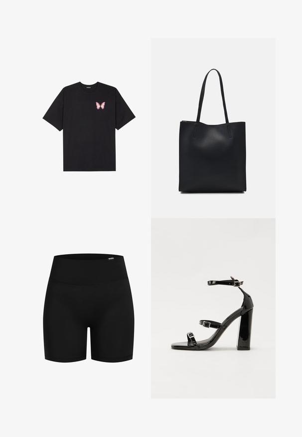 T-shirt nera in cotone con maniche corte, caratterizzata da una piccola grafica di una farfalla rosa sul lato sinistro del petto. Design a girocollo con una vestibilità rilassata.; Pantaloni sportivi neri con un tessuto liscio ed elastico; vita alta; nessun motivo visibile o accessori metallici; taglio fino al ginocchio.; Sandali con tacco in vernice nera, con punta squadrata, cinturini alla caviglia e fibbie in argento. Presentano un tacco a blocco spesso per maggiore stabilità.; Borsa tote in pelle nera con texture liscia, forma rettangolare e due manici lunghi. Nessun hardware o decorazione visibile.