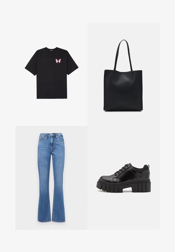 Czarny bawełniany t-shirt z krótkim rękawem, z małym różowym motylkiem na lewej piersi. Klasyczny dekolt z luźnym fasonem.; Dżinsy w średnim niebieskim denimu, rozkloszowany krój, wysoki stan, kieszenie z przodu i z tyłu, widoczne szwy, gładka faktura, klasyczne zapięcie na guzik i zamek.; Czarne skórzane buty na platformie z masywnym słupkowym obcasem, okrągłym noskiem i klasycznym sznurowaniem. Posiadają gładką teksturę i minimalne wykończenia.; Czarna skórzana torba tote o gładkiej fakturze, prostokątnym kształcie i dwóch długich uchwytach. Brak widocznych elementów metalowych i ozdób.