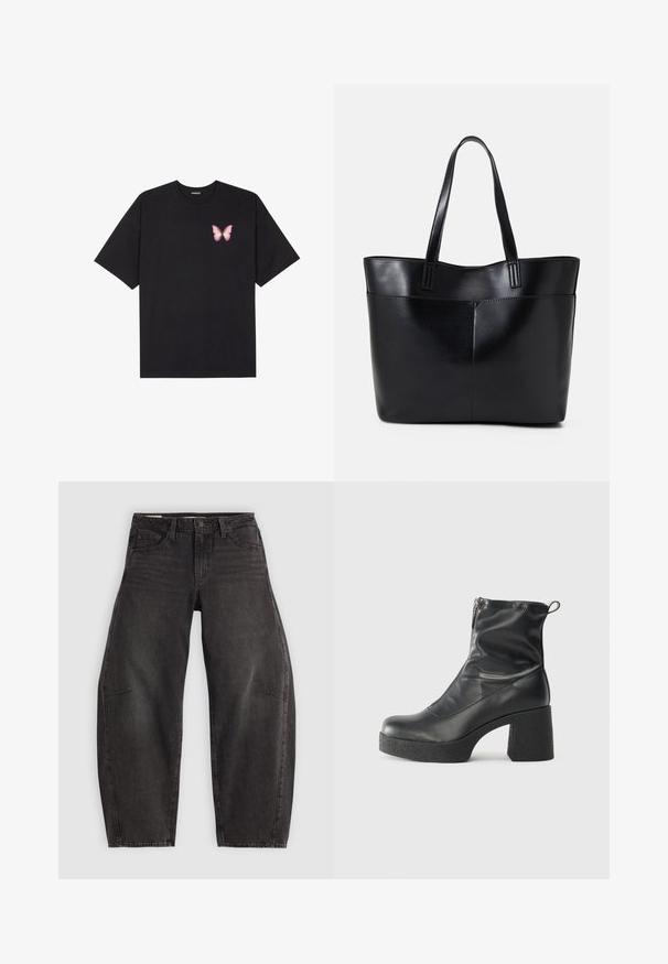Black cotton t-shirt with short sleeves, featuring a small pink butterfly graphic on the left chest. Crew neck design with a relaxed fit.; Black denim jeans with a relaxed fit, featuring five pockets, a button closure, and subtle fading. The fabric has a smooth, sturdy texture.; Black ankle boots made of smooth leather, featuring a side zipper, chunky textured heel, and rounded toe design.; Black leather tote bag with two long handles, a smooth texture, and a structured shape. Features a front pocket for additional storage.