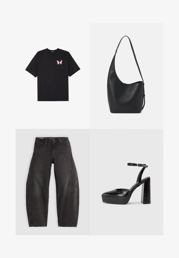 Czarny bawełniany t-shirt z krótkim rękawem, z małym różowym motylkiem na lewej piersi. Klasyczny dekolt z luźnym fasonem.; Czarne dżinsy o luźnym kroju, z pięcioma kieszeniami, z zapięciem na guzik i subtelnym wyblaknięciem. Materiał ma gładką, mocną strukturę.; Czarne platformy na wysokim obcasie z szpiczastym noskiem i regulowanym paskiem na kostkę. Wykonane z gładkiej skóry, z grubym słupkowym obcasem.; Czarna skórzana torba hobo o gładkiej fakturze, zaokrąglonym kształcie i pojedynczym, regulowanym pasku; posiada szerokie otwarcie na górze.