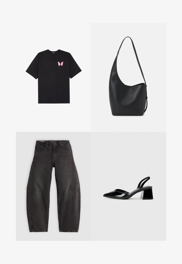 Fekete pamut póló rövid ujjakkal, bal mellkason egy kis rózsaszín pillangó grafikával. Kerek nyakú kialakítás, laza fazonnal.; Fekete farmernadrág ellazult szabással, amely öt zsebbel, gombos záródással és finom kopással rendelkezik. Az anyag sima, tartós textúrájú.; Fekete lakk bőr szandálkés magas sarkú cipő, hegyes orral és geometrikus tömbsarkakkal. Karcsú, minimalista dizájn és sima textúra jellemzi.; Fekete bőr hobo táska sima textúrával, ívelt formával és egyetlen állítható pánttal; széles nyílás található a tetején.