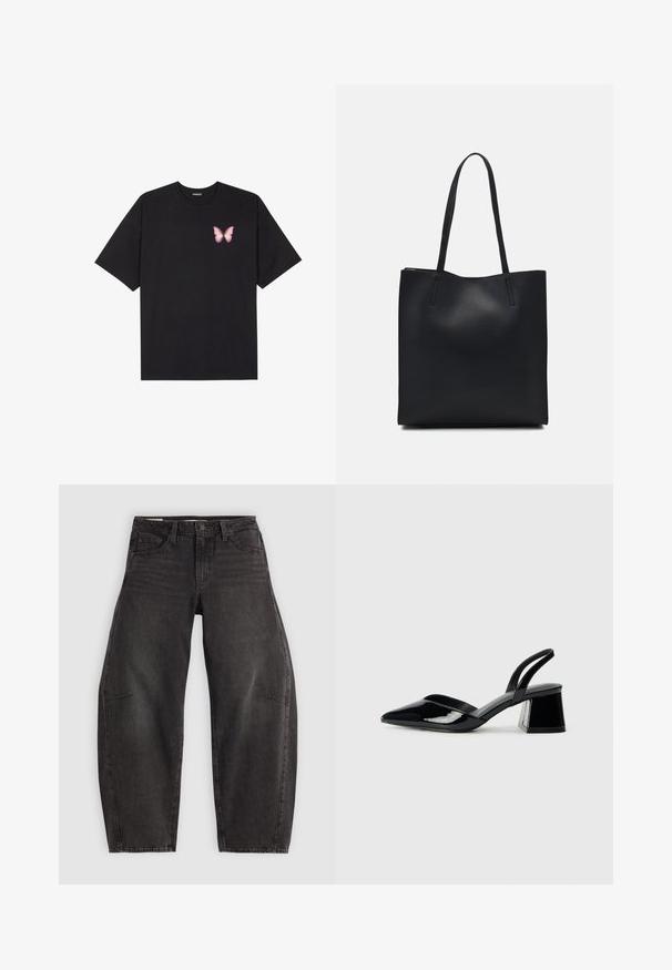 T-shirt de algodão preto com mangas curtas, apresentando um pequeno gráfico de borboleta rosa no lado esquerdo do peito. Design de gola redonda com um corte solto.; Jeans de ganga preta com um corte relaxado, apresentando cinco bolsos, fecho de botão e desbotamento subtil. O tecido tem uma textura suave e resistente.; Sandy em verniz preto com salto slingback, ponta afilada e salto geométrico. Apresenta um design elegante e minimalista com textura suave.; Bolsa tote preta em couro com textura lisa, forma retangular e duas alças longas. Sem hardware ou enfeites visíveis.