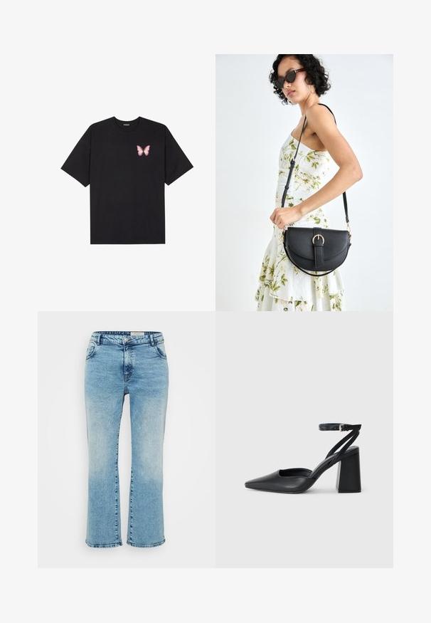 T-shirt de algodão preto com mangas curtas, apresentando um pequeno gráfico de borboleta rosa no lado esquerdo do peito. Design de gola redonda com um corte solto.; Jeans de denim azul-claro com corte reto, apresentando um fecho com botão, cinco bolsos e desbotamento subtil nos joelhos.; Sandal com biqueira afilada em couro preto, com cinta no tornozelo e salto grosso. Textura lisa, design elegante e estética minimalista.; Bolsa de couro preta com forma curva, alça destacável e detalhes em dourado. A bolsa possui uma aba com detalhe de fivela.