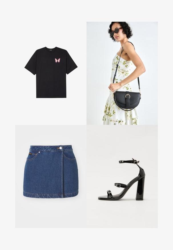 T-shirt de algodão preto com mangas curtas, apresentando um pequeno gráfico de borboleta rosa no lado esquerdo do peito. Design de gola redonda com um corte solto.; Saia mini de ganga, azul escuro, com fecho de botão à frente, bolsos laterais e costuras amarelas destacadas ao longo da barra e das costuras.; Sandálias de tacão preto laqueadas com bico quadrado, tiras para o tornozelo e fivelas prateadas. Apresentam um salto bloco chunky para estabilidade.; Bolsa de couro preta com forma curva, alça destacável e detalhes em dourado. A bolsa possui uma aba com detalhe de fivela.