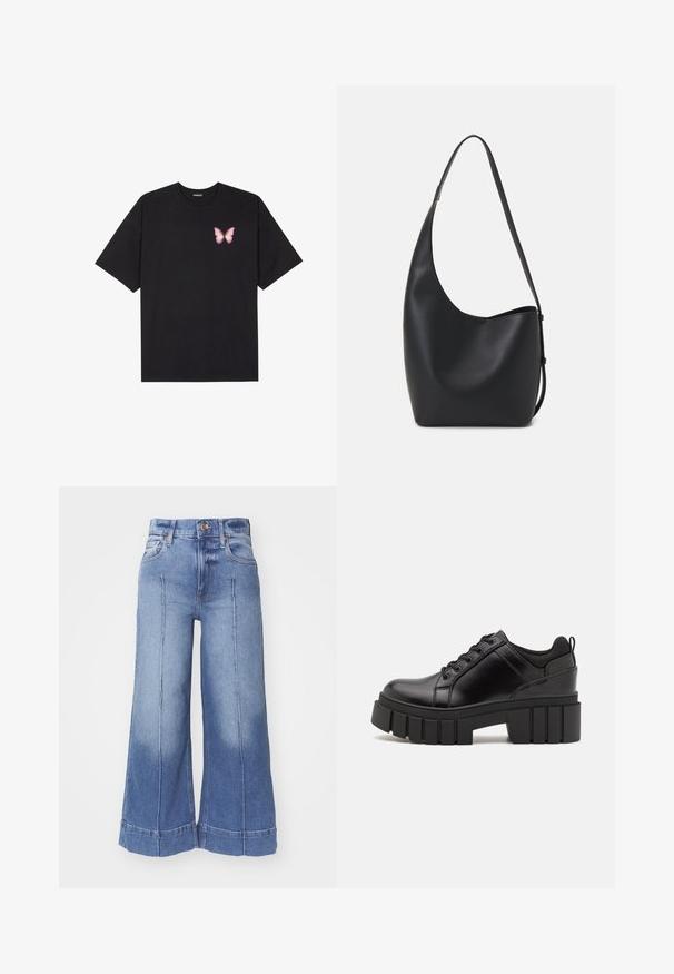 Black cotton t-shirt with short sleeves, featuring a small pink butterfly graphic on the left chest. Crew neck design with a relaxed fit.; Wide-leg denim jeans in light blue, featuring a high waist, faded design, front pockets, and stitched details along the legs.; Black leather platform shoes with a chunky block heel, round toe, and traditional lace-up design. Features smooth texture and minimal detailing.; Black leather hobo bag with a smooth texture, curved shape, and single adjustable strap; features a wide opening at the top.