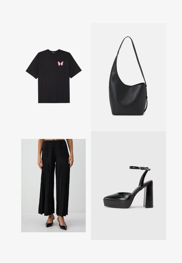 Zwarte katoenen t-shirt met korte mouwen, voorzien van een kleine roze vlinder graphic op de linkerkant van de borst. Crew neck ontwerp met een relaxte fit.; Zwarte geplooide wijde broek met een elastische tailleband, voorzien van verticale lijnen en een gladde textuur, gecombineerd met zwarte puntige hakken.; Zwarte plateauhakken met een puntige neus en verstelbare enkelband. Gemaakt van soepel leer, met een robuuste blokhak.; Zwarte leren hobo tas met een gladde textuur, kromme vorm en een enkele verstelbare schouderband; heeft een brede opening aan de bovenkant.