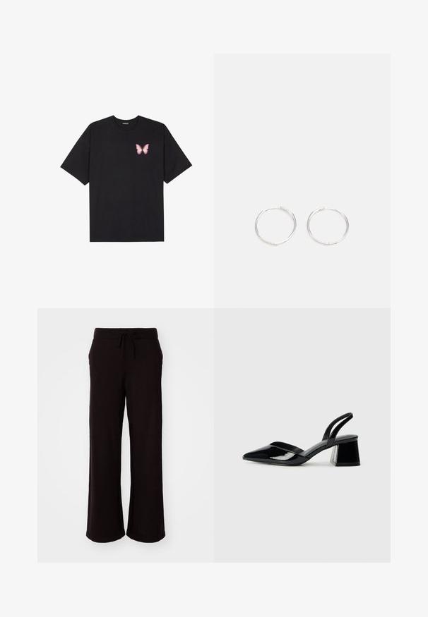 Must muströöpidega must puuvillane T-särk, vasakul rinnal on väike roosa liblikas. Ümar kaelus ja vabalt istuv lõige.; GAP Püksid - terra brown; Mustad musta lakknahk kingad, millel on terav varvas ja geomeetriline plokkkonts. Omab elegantselt minimalistlikku disaini ja sujuvat tekstuuri.; Hõbedased rõngaskõrvarõngad, millel on sujuv ja ümar disain, millel on sile pind ja nähtavad kaunistused puuduvad. Diameeter ei ole täpsustatud.