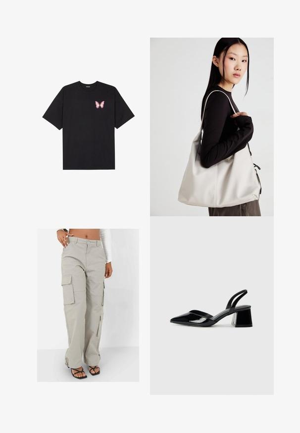 Camiseta de algodón negra de manga corta, con un pequeño gráfico de mariposa rosa en el lado izquierdo del pecho. Diseño de cuello redondo con un corte relajado.; Pantalones cargo en un color beige claro, fabricados con un material duradero. Presentan piernas anchas, múltiples bolsillos laterales y un ajuste relajado con acentos de metal.; Zapatos de tacón slingback de charol negro con punta afilada y tacón geométrico en bloque. Presentan un diseño elegante y minimalista, así como una textura suave.; Bolso de mano beige hecho de material suave, con un diseño holgado, detalles cosidos y dos asas. Adecuado para uso diario.