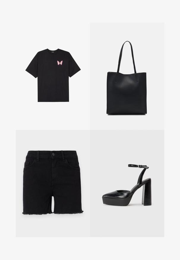 Svart bomulls T-skjorte med korte ermer, med en liten rosa sommerfugl grafikk på venstre bryst. Crew-neck design med en avslappet passform.; Svart denimshorts med tettsittende midje, tattered kant og klassisk fem-lomme design. Stoffet er glatt med litt stretch.; Sorte plattformhelter med spiss tå og justerbar ankelrem. Laget av glatt lær, med en robust blokkhel.; Svart lær tote bag med glatt tekstur, rektangulær form og to lange håndtak. Ingen synlige deler eller dekorasjoner.