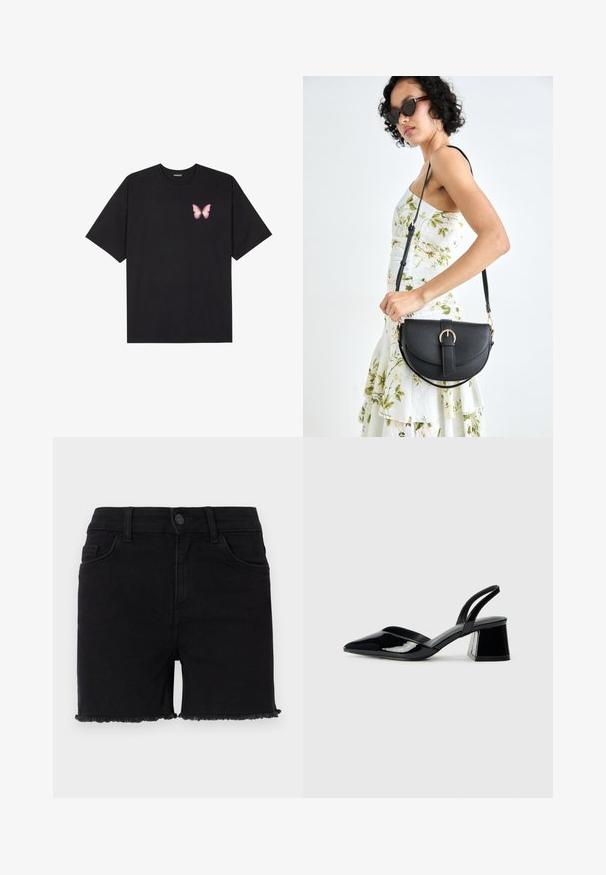 Must muströöpidega must puuvillane T-särk, vasakul rinnal on väike roosa liblikas. Ümar kaelus ja vabalt istuv lõige.; Mustad teksased lühikesed püksid, kitsas vöökoht, kulunud serv ja klassikaline viie tasku disain. Kangas on sile ja kerge venivusega.; Mustad musta lakknahk kingad, millel on terav varvas ja geomeetriline plokkkonts. Omab elegantselt minimalistlikku disaini ja sujuvat tekstuuri.; Mustmust mustraha kõverate joontega, eemaldatava rihmaga ja kuldsete detailidega. Kotil on klapp, millel on pandladetail.