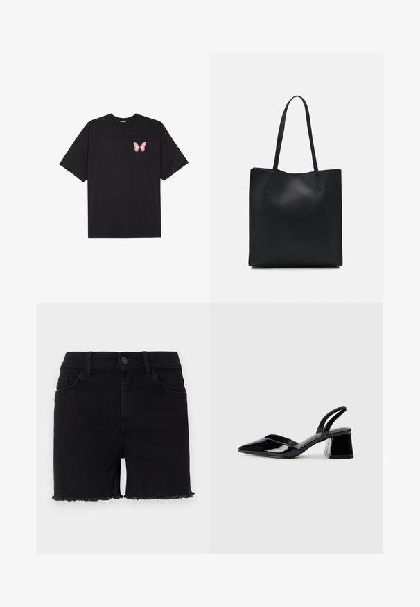 T-shirt de algodão preto com mangas curtas, apresentando um pequeno gráfico de borboleta rosa no lado esquerdo do peito. Design de gola redonda com um corte solto.; Calções de ganga pretos com uma cintura justa, acabamento desfiado e design clássico de cinco bolsos. O tecido é suave com um ligeiro estiramento.; Sandy em verniz preto com salto slingback, ponta afilada e salto geométrico. Apresenta um design elegante e minimalista com textura suave.; Bolsa tote preta em couro com textura lisa, forma retangular e duas alças longas. Sem hardware ou enfeites visíveis.