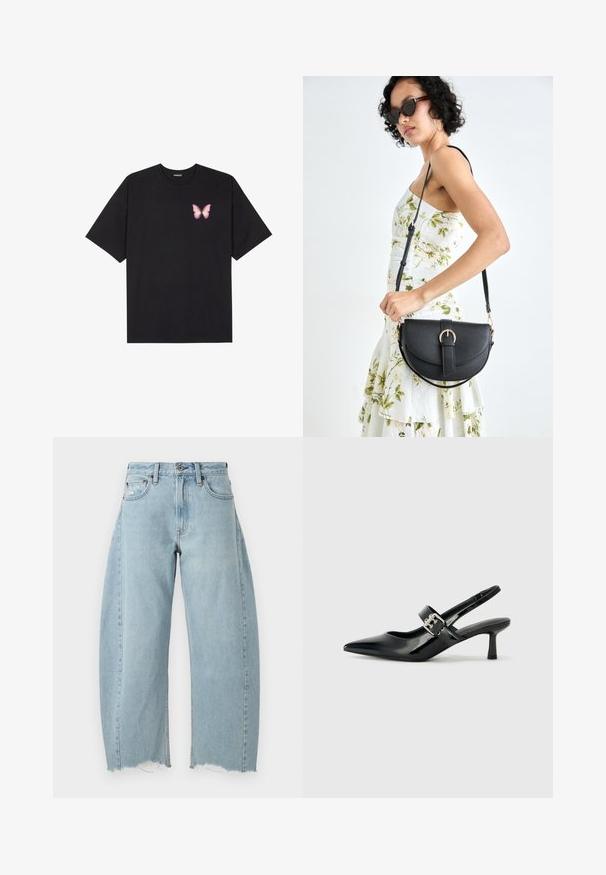 Fekete pamut póló rövid ujjakkal, bal mellkason egy kis rózsaszín pillangó grafikával. Kerek nyakú kialakítás, laza fazonnal.; Világoskék farmernadrág, széles lábbal, rojtos szegéllyel és klasszikus öt zsebes kialakítással. Hagyományos gombos és cipzáras záródás.; Fekete lakkbőr slingback sarkú cipők hegyes orral és kis blokk talppal, ezüst csat díszítéssel a pánton.; Fekete bőrtáska ívelt formával, levehető pánttal és arany színű fémrészekkel. A táskán egy csattal díszített fedél található.