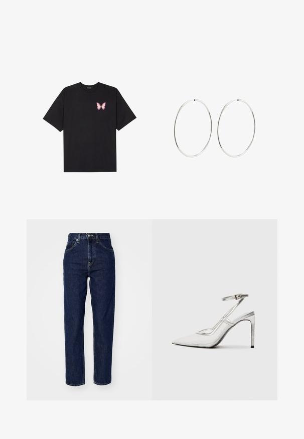 Camiseta de algodón negra de manga corta, con un pequeño gráfico de mariposa rosa en el lado izquierdo del pecho. Diseño de cuello redondo con un corte relajado.; Jeans de mezclilla de un azul oscuro con una cintura alta, diseño de pierna recta, bolsillos frontales y detalles de costura sutiles. Estilo clásico y versátil.; Zapato de tacón stilettos transparente con punta afilada, material transparente, detalles metálicos en plata y correa ajustable en el tobillo.; Pendientes de aro plateados con un diseño redondo y liso, y un acabado pulido. Son delgados y ligeros, y cuentan con un sencillo cierre de gancho.