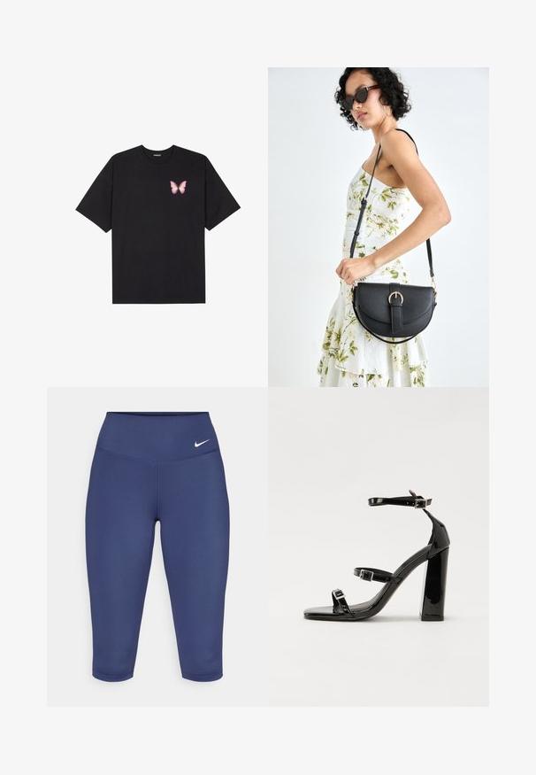 Musta puuvillapaita lyhyillä hihoilla, jossa on pieni vaaleanpunainen perhosgrafiikka vasemmassa rinnassa. Pyöreä kaula-aukko ja rento istuvuus.; Leggins capri marin blue yang terbuat dari kain elastis, dilengkapi dengan pinggang lebar dan logo kecil berwarna putih di sisi kiri. Tidak ada jahitan yang terlihat.; Musta kiiltäväpintainen korkokengät, joissa on kaksi solkikiinnitystä, neliönmuotoinen kärki ja paksu korko, sileällä, kiiltävällä pintarakenteella.; Musta nahkainen käsilaukku, joka on kaareva muotoilultaan, irrotettavalla hihnalla ja kultaisilla yksityiskohdilla. Laukussa on läppä, jossa on solk yksityiskohta.