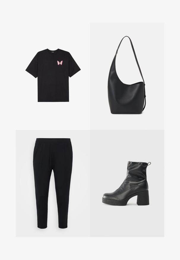 Fekete pamut póló rövid ujjakkal, bal mellkason egy kis rózsaszín pillangó grafikával. Kerek nyakú kialakítás, laza fazonnal.; Fekete nadrág laza szabással, gumírozott derékkal és diszkrét plisszírozással. Puha anyagból készült, szűkített lábakkal és zsebek nélkül.; Fekete bokacsizmák sima bőrből, oldalsó cipzárral, vastag, texturált sarkú és lekerekített orrú dizájnnal.; Fekete bőr hobo táska sima textúrával, ívelt formával és egyetlen állítható pánttal; széles nyílás található a tetején.