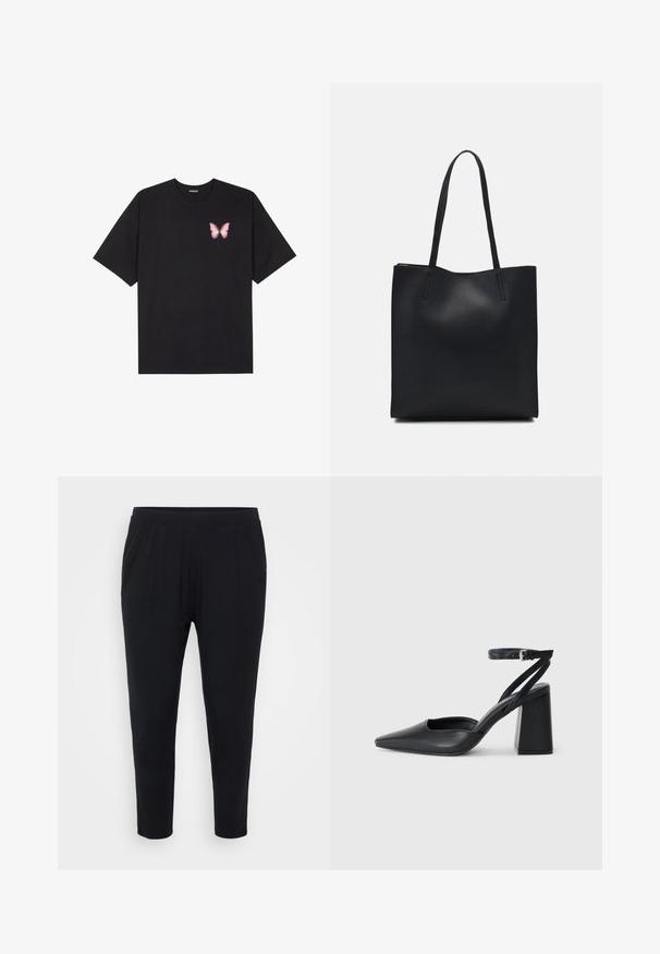 Schwarzes Baumwoll-T-Shirt mit kurzen Ärmeln, das ein kleines pinkes Schmetterlingsmotiv auf der linken Brust zeigt. Crewneck-Design mit einem entspannten Schnitt.; Schwarze Hosen mit lockerer Passform, elastischem Bund und dezenten Falten. Hergestellt aus einem weichen Stoff, mit schmal zulaufenden Beinen und ohne Taschen.; Schwarze Leder-Pumps mit spitzer Zehe, einem Knöchelriemen und einem blockigen Absatz. Flache Textur, elegantes Design und minimalistische Ästhetik.; Schwarze Laptoptasche aus Leder mit glatter Textur, rechteckiger Form und zwei langen Griffen. Keine sichtbaren Beschläge oder Verzierungen.