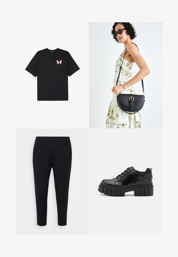T-shirt de algodão preto com mangas curtas, apresentando um pequeno gráfico de borboleta rosa no lado esquerdo do peito. Design de gola redonda com um corte solto.; Calças pretas com um ajuste descontraído, cintura elástica e pregas subtis. Feitas de um tecido suave, apresentam pernas estreitas e sem bolsos.; Sapatos de plataforma em couro preto com um salto bloco robusto, bico redondo e design clássico de atacadores. Apresentam uma textura suave e detalhes mínimos.; Bolsa de couro preta com forma curva, alça destacável e detalhes em dourado. A bolsa possui uma aba com detalhe de fivela.