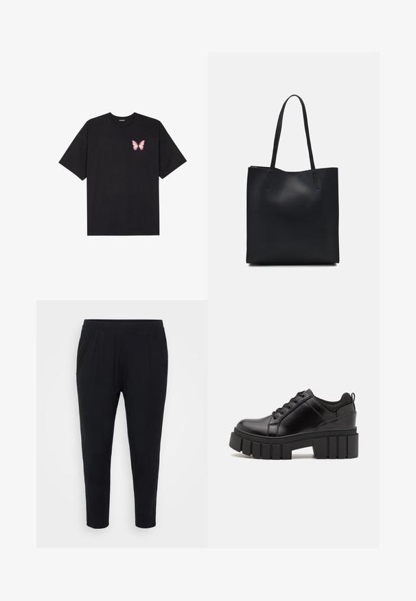 Crna pamučna majica s kratkim rukavima, s malim grafičkim prikazom ružičaste vjetricaste s desne strane na prsima. Dizajn s okruglim izrezom i opuštenim krojem.; Crne hlače opuštenog kroja, s elastikom u struku i suptilnim nabirkama. Izrađene od mekog materijala, s tapered nogavicama i bez džepova.; Crne kožne platforme s debelim blok-peta, okruglim prstima i klasičnim dizajnom vezanja. Imaju gladak tekstur i minimalne detalje.; Crna kožna torba za nošenje s glatkom teksturom, pravokutnim oblikom i dvije duge ručke. Nema vidljivih metalnih dijelova ili ukrasa.