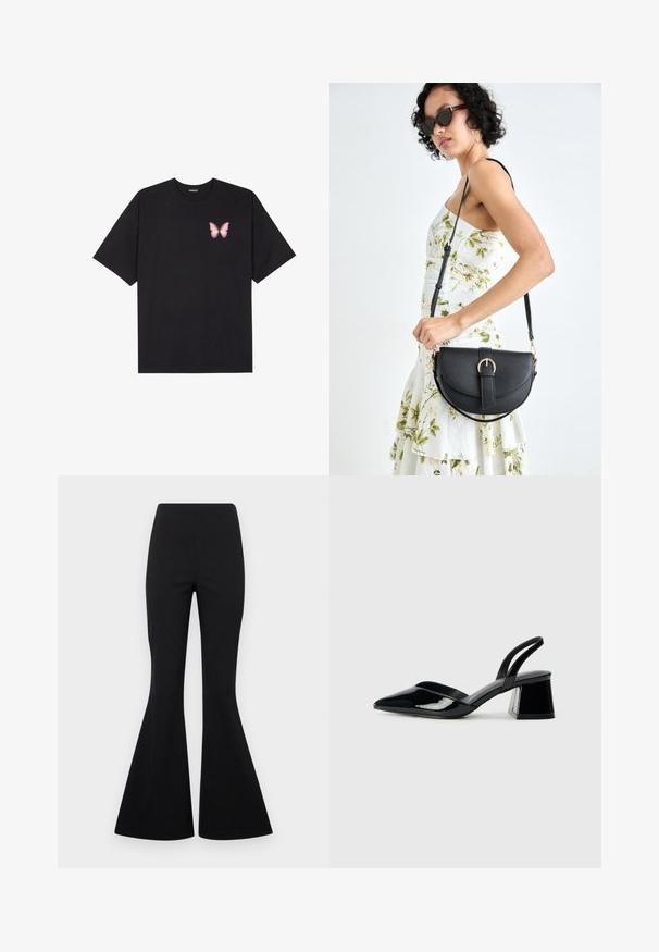 Must muströöpidega must puuvillane T-särk, vasakul rinnal on väike roosa liblikas. Ümar kaelus ja vabalt istuv lõige.; Mustad laiad püksid, mis on valmistatud venivast kangast, millel on sile tekstuur, ning kõrgema vöökoha ja laia, kellukesena avarduva säärekujundusega.; Mustad musta lakknahk kingad, millel on terav varvas ja geomeetriline plokkkonts. Omab elegantselt minimalistlikku disaini ja sujuvat tekstuuri.; Mustmust mustraha kõverate joontega, eemaldatava rihmaga ja kuldsete detailidega. Kotil on klapp, millel on pandladetail.