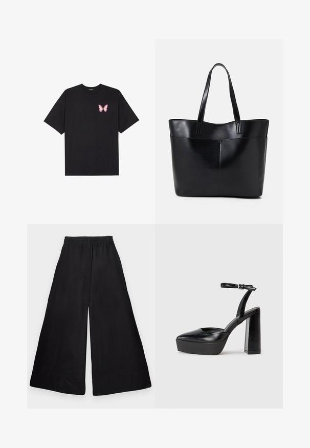 Čierne bavlnené tričko s krátkymi rukávmi, s malým ružovým motýlikom na ľavej hrudi. Design s okrúhlym výstrihom a uvoľneným strihom.; Čierne nohavice so širokými nohavicami vyrobené z hladkej, ľahkej tkaniny, s elastickým pásom a čistým, minimalistickým dizajnom bez vzorov.; Čierne platformové podpätky so špicatou špičkou a nastaviteľným členkovým remienkom. Vyrobené z hladkej kože a so robustným blokovým podpätkom.; Čierna kožená tote taška s dvoma dlhými rúčkami, hladkým povrchom a štruktúrovaným tvarom. Obsahuje prednú kapsu pre dodatočné uskladnenie.