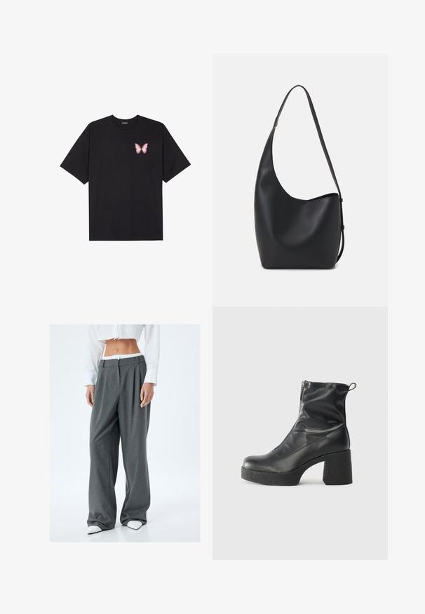 Schwarzes Baumwoll-T-Shirt mit kurzen Ärmeln, das ein kleines pinkes Schmetterlingsmotiv auf der linken Brust zeigt. Crewneck-Design mit einem entspannten Schnitt.; Koton Stoffhose - grey; Schwarze Stiefeletten aus glattem Leder mit seitlichem Reißverschluss, klobigem strukturiertem Absatz und runder Zehenform.; Schwarze Leder-Hobo-Tasche mit einer glatten Textur, geschwungener Form und einem einzelnen verstellbaren Tragegurt; verfügt über eine weite Öffnung am oberen Ende.