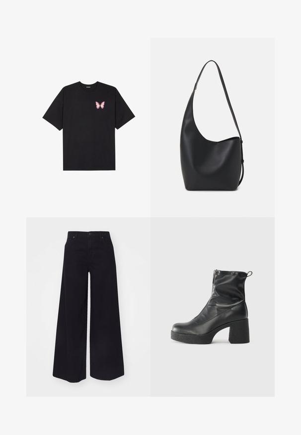 Svart bomullströja med korta ärmar, med en liten rosa fjärilsgrafik på vänster bröst. Rundad halsdesign med en avslappnad passform.; Svarta vida jeans gjorda av denim, med hög midja, frampockets och knappstängning. Slät textur utan mönster eller detaljer.; Svarta ankelstövlar i slitstark läder, med sidodragkedja, kraftig strukturerad klack och rundad tådesign.; Svart läder hobo-väska med en slät textur, kurvig form och en justerbar axelrem; har en bred öppning upptill.