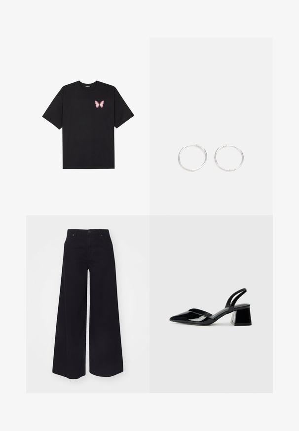 Črna bombažna majica s kratkimi rokavi, ki ima majhen roza metuljček na levi strani prsnega dela. Majica s krožnim ovratnikom in sproščenim krojem.; Črne široke jeans hlače iz denima, z visokim pasom, sprednjimi žepi in gumbom za zapiranje. Gladka tekstura brez vzorcev ali dodatkov.; Črne lakirane slingback pete s koničastim nosom in geometrijsko blokasto peto. Imajo eleganten, minimalističen dizajn in gladko teksturo.; Srebrne kroglice z elegantnim, okroglim oblikovanjem, z gladko površino in brez vidnih okrasnih elementov. Premer ni določen.
