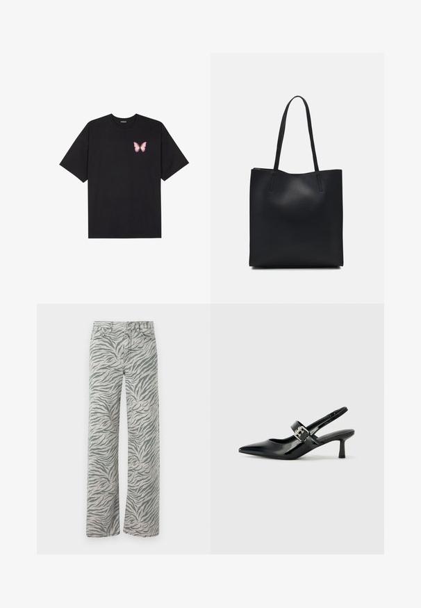 Zwarte katoenen t-shirt met korte mouwen, voorzien van een kleine roze vlinder graphic op de linkerkant van de borst. Crew neck ontwerp met een relaxte fit.; Lichtgrijze jeans met een tijgerstreep patroon in donkergrijs. Ze hebben een recht model en traditionele denimstiksels.; Zwarte gepatineerde leren slingback hakken met een puntige neus en een kleine blokhak, met een zilveren gespaccent op de band.; Zwarte leren handtas met een gladde textuur, rechthoekige vorm en twee lange handvaten. Geen zichtbare hardware of versieringen.