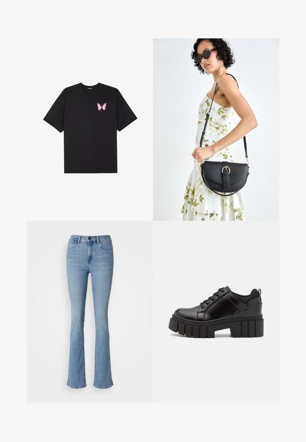 Svart bomullströja med korta ärmar, med en liten rosa fjärilsgrafik på vänster bröst. Rundad halsdesign med en avslappnad passform.; Ljusblå utsvängda jeans i denim, med fem fickor, knappstängning och minimal sömnad för ett rent utseende.; Svarta läderplattformsskor med en kraftig blockklack, rund tå och traditionell snörningsdesign. Har en slät textur och minimal detaljering.; Svart läderhandväska med en böjd form, avtagbar rem och guldiga detaljer. Väskan har ett lock med en spänndetalj.