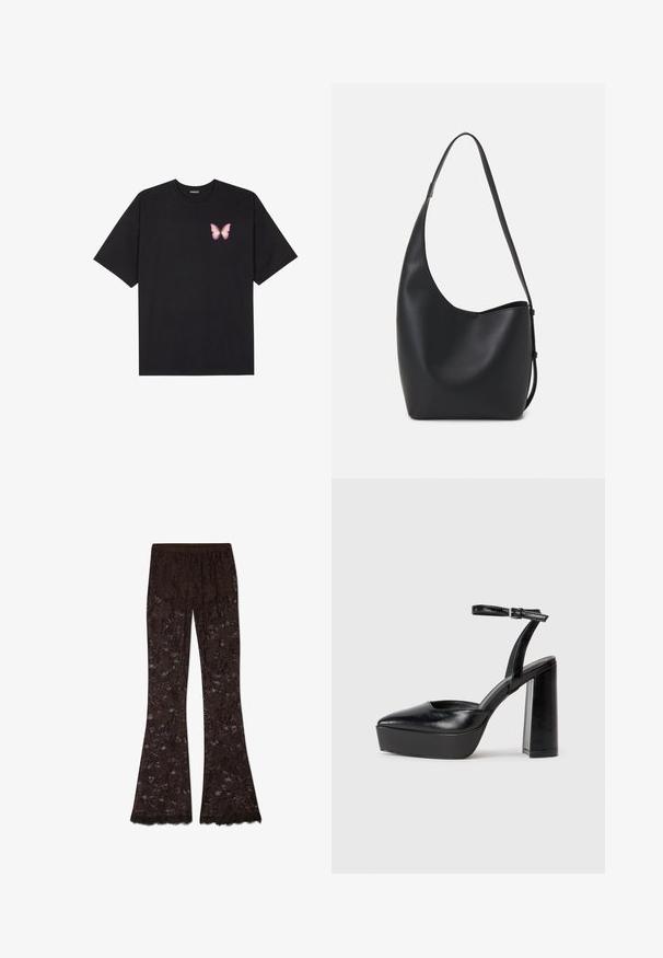 Musta puuvillapaita lyhyillä hihoilla, jossa on pieni vaaleanpunainen perhosgrafiikka vasemmassa rinnassa. Pyöreä kaula-aukko ja rento istuvuus.; Ruske lace hameet, joissa on kukkakuvio, teksturoitu pinta ja helmassa röyhelö. Joustava vyötärö.; Mustat korkeat platform-kengät, joissa on terävä kärki ja säädettävä nilkkaremmi. Valmistettu sileästä nahasta ja varustettu paksulla lohkokorkeudella.; Musta nahkainen hobo-laukku, jossa on sileä pinta, kaareva muoto ja yksi säädettävä olkahihna; sisäänkäynti on leveä ylhäältä.