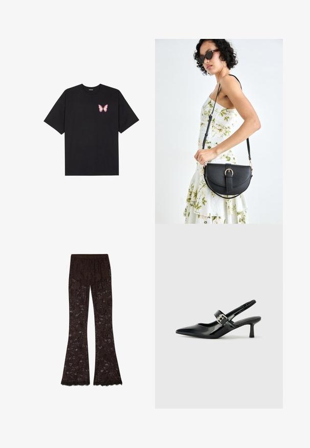 Črna bombažna majica s kratkimi rokavi, ki ima majhen roza metuljček na levi strani prsnega dela. Majica s krožnim ovratnikom in sproščenim krojem.; Rjave čipkaste hlače s širokimi nogami in cvetličnim vzorcem, s teksturiranim videzom in resastim robom na dnu. Elastičen pas.; Črne patent usnjene slingback pete s koničastim nosom in majhnim blok peto, ki vključujejo srebrno zaponko na traku.; Črna usnjena torbica s ukrivljeno obliko, z odstranljivo naramnico in zlatimi dodatki. Torbica ima pokrov s podrobnostmi v obliki zaponke.