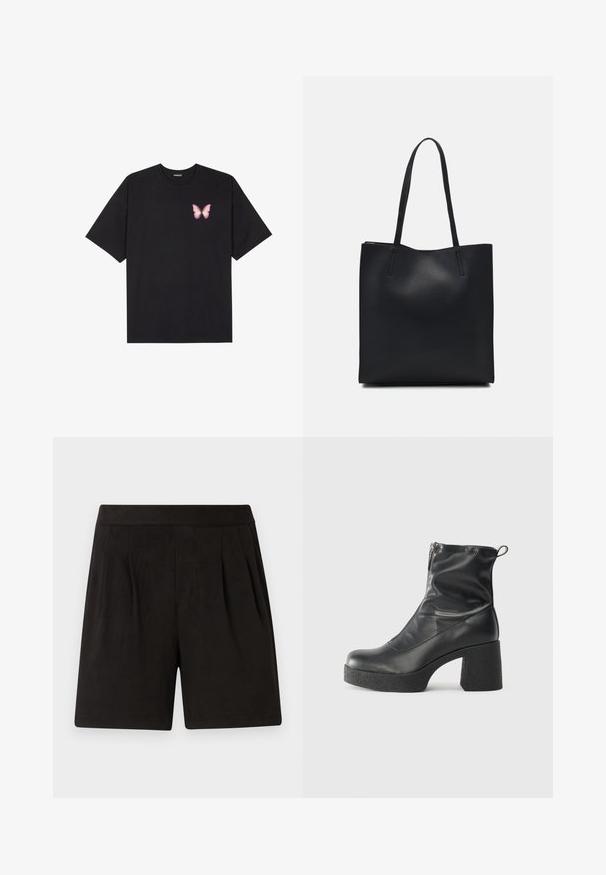 Černé bavlněné tričko s krátkým rukávem, na levém prsou s malou grafikou růžové motýlky. Design s kruhovým výstřihem a volným střihem.; Černé šortky vyrobené z měkké tkaniny, s hladkým povrchem, elastickým pasem a skládáním vpředu. Jednoduché a bez ozdob.; Černé kotníkové boty vyrobené z hladké kůže, s bočním zipem, robustním strukturovaným podpatkem a kulatou špičkou.; Černá kožená taška přes rameno s hladkým povrchem, obdélníkovým tvarem a dvěma dlouhými uchy. Žádné viditelné kování ani ozdoby.