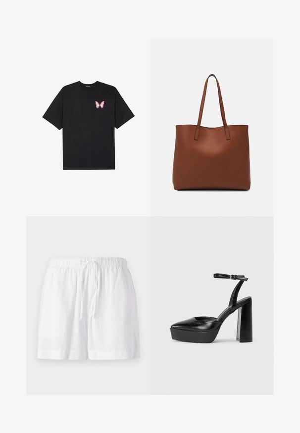 T-shirt en coton noir à manches courtes, avec un petit graphique de papillon rose sur la poitrine gauche. Modèle à col rond avec une coupe décontractée.; Shorts en lin blanc avec une taille élastique et un cordon de serrage ajustable. Dotés d'une coupe décontractée et d'un ourlet roulé pour le confort.; Escarpins noirs à plateforme avec un bout pointu et une sangle réglable à la cheville. Conçus en cuir lisse, avec un large talon bloc.; Sac fourre-tout en cuir marron avec une texture lisse, design à ouverture supérieure et deux poignées pour le porter à l'épaule. Présente des coutures minimales et aucun matériel visible.