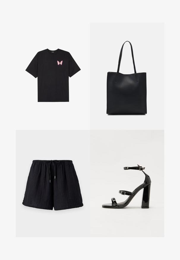 Must muströöpidega must puuvillane T-särk, vasakul rinnal on väike roosa liblikas. Ümar kaelus ja vabalt istuv lõige.; Mustad puuvillased lühikesed püksid tekstureeritud ja kortsunud viimistlusega. Omavad elastset vöökohta ja reguleeritavat nööri mugavuseks ja sobivuseks.; Mustad läikiva lakknahaga kõrge kontsaga sandaalid kahe pandlaga, kandilised varbad ja jäme plokk-kontsaosa, millel on sile ja läikiv tekstuur.; Mustast nahast kott sujuva tekstuuriga, ristkülikukujuline ja kahe pika sangaga. Pole nähtavat riistvara ega kaunistusi.