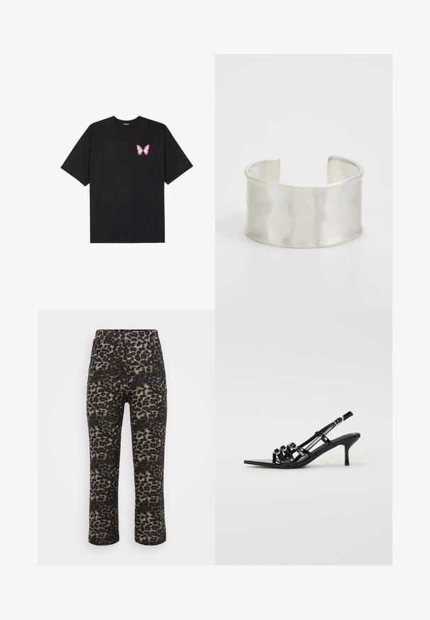 T-shirt de algodão preto com mangas curtas, apresentando um pequeno gráfico de borboleta rosa no lado esquerdo do peito. Design de gola redonda com um corte solto.; Calças com padrão de leopardo em preto e bege, apresentando um corte reto, cintura elástica e textura suave.; Shoe preto de salto alto com atilhos, com bico fino, apresentando várias tiras estreitas e detalhes circulares na parte da frente.; Zign Pulseira - silver-coloured