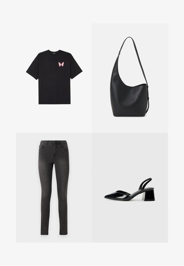 Black cotton t-shirt with short sleeves, featuring a small pink butterfly graphic on the left chest. Crew neck design with a relaxed fit.; Black skinny jeans with a smooth denim texture, five pocket design, and a metal button closure at the waist.; Black patent leather slingback heels with a pointed toe and a geometric block heel. Features a sleek, minimal design and smooth texture.; Black leather hobo bag with a smooth texture, curved shape, and single adjustable strap; features a wide opening at the top.