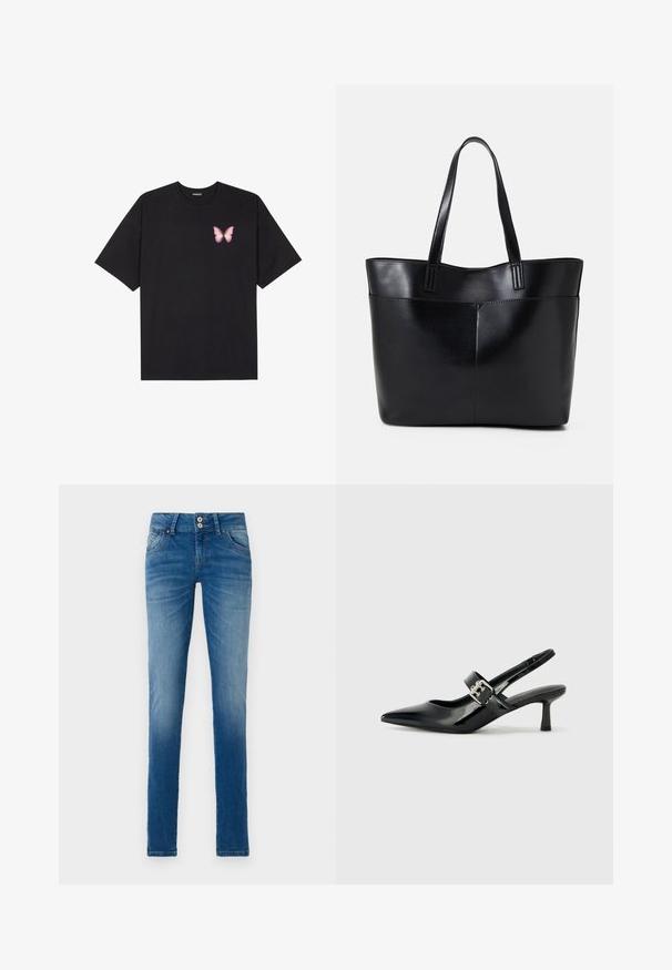 Crna pamučna majica s kratkim rukavima, s malim grafičkim prikazom ružičaste vjetricaste s desne strane na prsima. Dizajn s okruglim izrezom i opuštenim krojem.; Plave traperice s izblijedjelim pranjem, sa klasičnim pet džepovima, zatvaranjem na gumb i ravnim krojem.; Crne lakirane slingback potpetice s oštrim prstom i malom blok petom, s naglaskom na srebrnoj kopči na remenu.; Crna kožna torba s dugim ručkama, glatkom teksturom i strukturiranim oblikom. Ima prednju džep za dodatno pohranu.