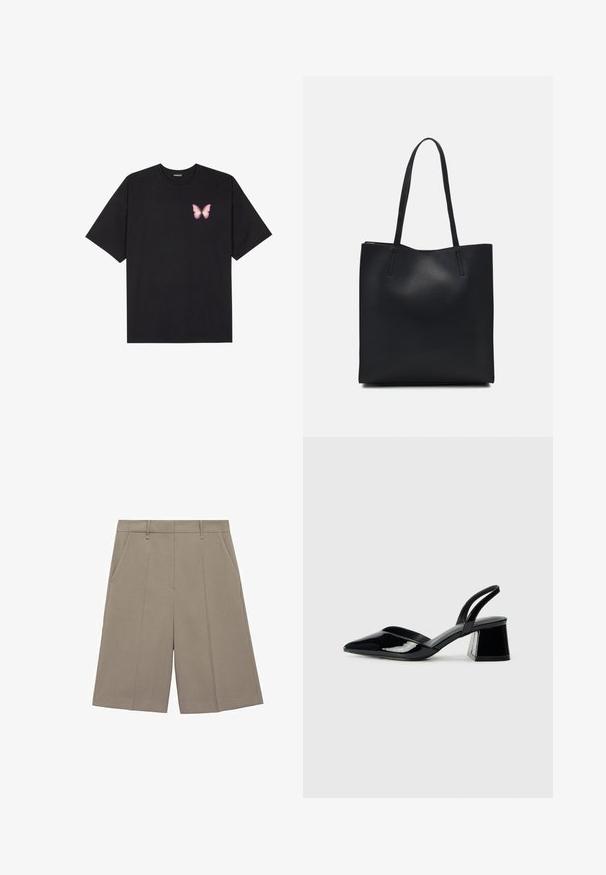 Czarny bawełniany t-shirt z krótkim rękawem, z małym różowym motylkiem na lewej piersi. Klasyczny dekolt z luźnym fasonem.; Beżowe spodenki z plisami o prostym kroju, z paskiem i kieszeniami bocznymi. Wykonane z gładkiego, lekkiego materiału.; Czarne lakierowane półbuty na obcasie z wydłużonym noskiem i geometrycznym słupkiem. Charakteryzują się eleganckim, minimalistycznym designem oraz gładką fakturą.; Czarna skórzana torba tote o gładkiej fakturze, prostokątnym kształcie i dwóch długich uchwytach. Brak widocznych elementów metalowych i ozdób.