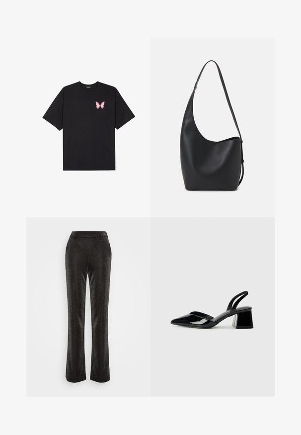 Black cotton t-shirt with short sleeves, featuring a small pink butterfly graphic on the left chest. Crew neck design with a relaxed fit.; Black flared pants made from a textured, glittery fabric. Features a fitted waistband and side pockets, with a smooth silhouette down to the hem.; Black patent leather slingback heels with a pointed toe and a geometric block heel. Features a sleek, minimal design and smooth texture.; Black leather hobo bag with a smooth texture, curved shape, and single adjustable strap; features a wide opening at the top.