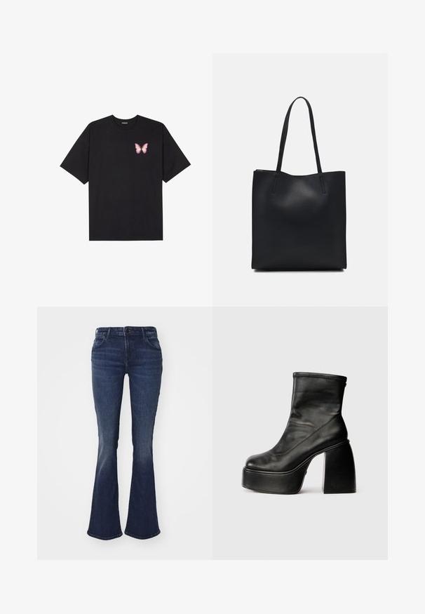 Must muströöpidega must puuvillane T-särk, vasakul rinnal on väike roosa liblikas. Ümar kaelus ja vabalt istuv lõige.; Tumedate sinised laiad teksad, mis on valmistatud denimist, kitseneva vöökoha, viie tasku disaini ja kerge tuhmumisega, et luua tekstuur puusadel ja põlvedel.; Musthave mustad mustadade nahkkingad, millel on ümar varvas, sile tekstuur ja silmapaistev plokknakk. Omab külgkerimiseks. Minimalistlik disain.; Mustast nahast kott sujuva tekstuuriga, ristkülikukujuline ja kahe pika sangaga. Pole nähtavat riistvara ega kaunistusi.