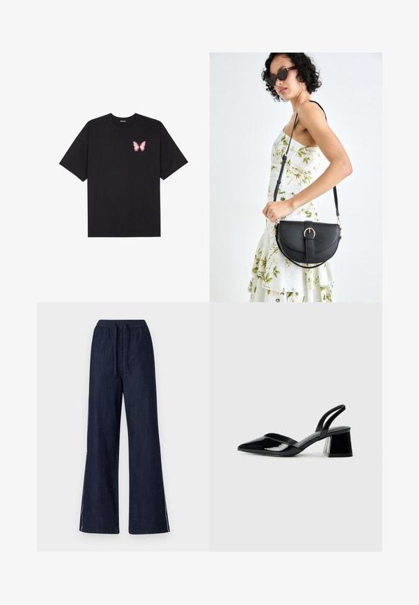 Melna kokvilnas T-krekls ar īsām piedurknēm, kuram priekšā kreisajā pusē ir neliels rozā tauriņa grafiskais attēls. Ar apaļu kaklu un brīvā stila piegriezumu.; Plati bikses tumšā denima, ar elastīgu jostasvietu un auklu, ar baltām sānu svītrām uz katras kājas. Gluda tekstūra.; Melna lakota āda ar atvērto papēdi, ar smailu purngalu un ģeometrisku blokpapēdi. Iezīmējas elegants, minimāls dizains un gluda tekstūra.; Melnas ādas rokassoma ar izliekta formu, noņemamu siksnu un zelta aksesuāriem. Somai ir vāciņš ar sprādzes detaļu.