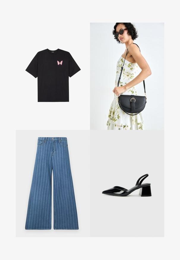 Must muströöpidega must puuvillane T-särk, vasakul rinnal on väike roosa liblikas. Ümar kaelus ja vabalt istuv lõige.; Keskmise sinise denimi laiad püksid, millel on vertikaalsed triibud, nupuga sulgemine, viis taskut ja õmblustega detailid õmbluste ääres.; Mustad musta lakknahk kingad, millel on terav varvas ja geomeetriline plokkkonts. Omab elegantselt minimalistlikku disaini ja sujuvat tekstuuri.; Mustmust mustraha kõverate joontega, eemaldatava rihmaga ja kuldsete detailidega. Kotil on klapp, millel on pandladetail.