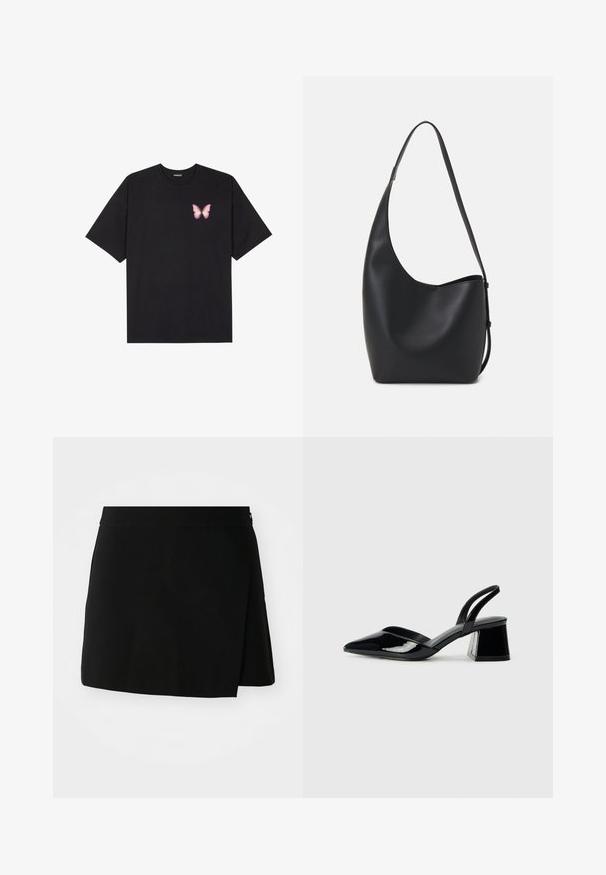 T-shirt nera in cotone con maniche corte, caratterizzata da una piccola grafica di una farfalla rosa sul lato sinistro del petto. Design a girocollo con una vestibilità rilassata.; Gonna nera a trapezio con design a incrocio, caratterizzata da una texture liscia e orlo dritto. Nessun hardware o accenti visibili.; Décolleté in vernice nera con punta affusolata e tacco in geometria cubica. Presentano un design elegante e minimalista, con una texture liscia.; Borsa hobo nera in pelle con una superficie liscia, forma curvata e una singola tracolla regolabile; presenta un'ampia apertura nella parte superiore.