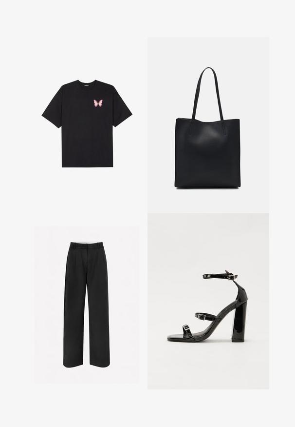 Black cotton t-shirt with short sleeves, featuring a small pink butterfly graphic on the left chest. Crew neck design with a relaxed fit.; Black wide-leg trousers made from a smooth fabric, featuring a tailored design, front pleats, and belt loops at the waistband.; Black patent heeled sandals with a square toe, ankle straps, and silver buckles. Features a chunky block heel for stability.; Black leather tote bag with smooth texture, rectangular shape, and two long handles. No visible hardware or embellishments.