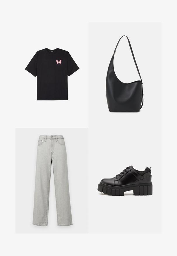 Juodas medvilnės marškinėliai trumpomis rankovėmis, su maža rožine drugelio grafika kairėje krūtinės pusėje. Apvalus kaklo iškirpimas, laisvas kirpimas.; Šviesiai pilki plačios kojos džinsai, pagaminti iš denimo, su aukštu liemeniu, priekinėmis kišenėmis ir standartiniu uždarymu su kelnių sagtele ir užtrauktuku.; Juodi odiniai platformos batai su masyviu blokuota kulniuku, apvalia nosimi ir tradiciniu šnypštimo dizainu. Turintys glotnų paviršių ir minimalų dekoravimą.; Juodas odinis hobo maišas su lygiu paviršiumi, kreipta forma ir viena reguliuojama rankena; turi platų atidarymą viršuje.